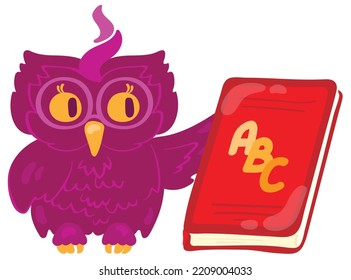 Cheerful purple owl with glasses holds alphabet book. Hand drawn vector illustration. Suitable for website, stickers, postcards.