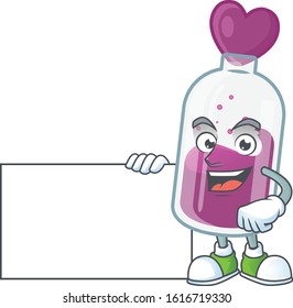 Cheerful purple potion cartoon character having a board