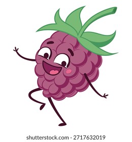 Cheerful purple raspberry cartoon character dancing energetically with a big smile