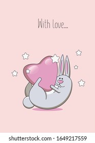Cheerful rabbit with a big heart on a pink background