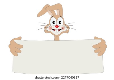 Cheerful rabbit with a blank advertising sign,
Vector illustration isolated on white background
