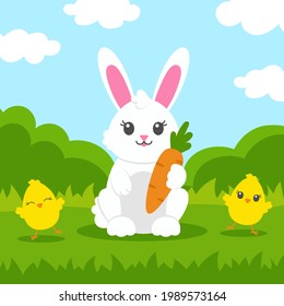 Cheerful rabbit and carrot the green grass  Cute chickens are dancing around  Colored flat vector illustration isolated color background  Cartoon character 