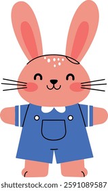 A cheerful rabbit character in blue overalls stands proudly, showcasing a playful expression and inviting atmosphere.