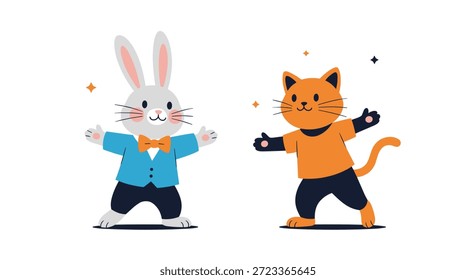Cheerful rabbit character in a suit and a cute cat in a t-shirt dancing together with outstretched arms in a playful scene.