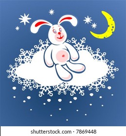 Cheerful rabbit and cloud on a background of the star sky. Digital illustration.
