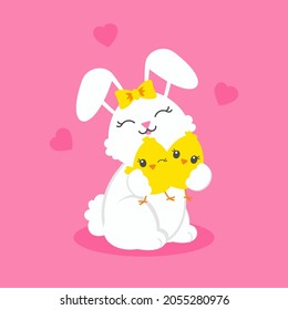 Cheerful rabbit with cute chickens. Colored flat vector illustration isolated on pink background. Cartoon character.