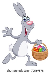 Cheerful rabbit with Easter eggs basket