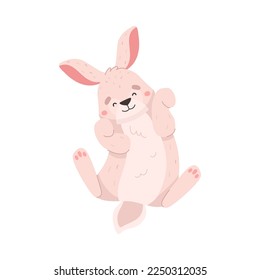 Cheerful rabbit lying on back, cartoon flat vector illustration isolated on white background. Furry animal drawing. Cute bunny, great for kids and nursery designs.