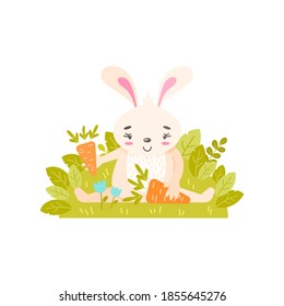 A cheerful rabbit sits on the lawn and holds a carrot in its paws. Simple illustration on an isolated background. Can be used as a design for office supplies, prints on clothes.