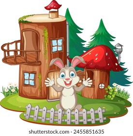 Cheerful rabbit standing in front of whimsical abode