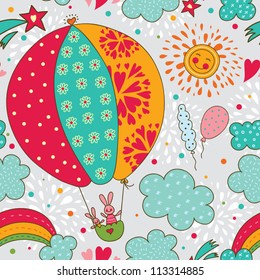 Cheerful rabbits are flying in a hot air balloon. Seamless pattern can be used for wallpaper, pattern fills, web page background, postcards.