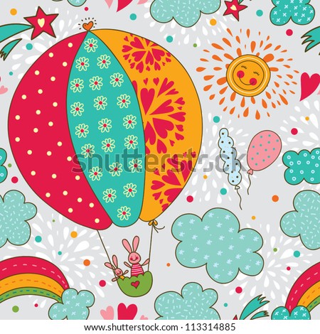 Cheerful rabbits are flying in a hot air balloon. Seamless pattern can be used for wallpaper, pattern fills, web page background, postcards.