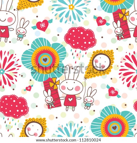 Cheerful rabbits with the kite.Seamless pattern can be used for wallpaper, pattern fills, web page background, postcards.