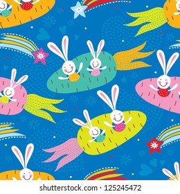 Cheerful rabbits in space. Seamless pattern.