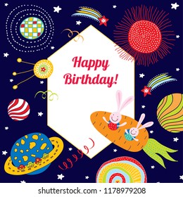 Cheerful rabbits in space. Text frame.