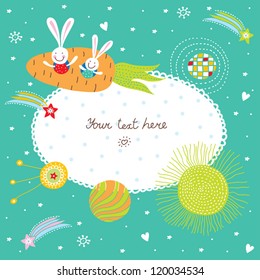 Cheerful rabbits in space. Text frame.