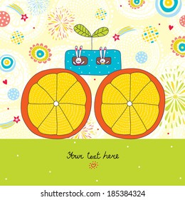 Cheerful rabbits are travelling by car. Sweetheart postcard.