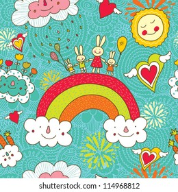 Cheerful rabbits walk over the rainbow. Seamless pattern can be used for wallpaper, pattern fills, web page background, postcards.