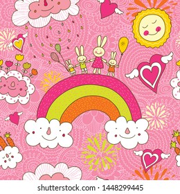Cheerful rabbits walk over the rainbow. Seamless pattern can be used for wallpaper, pattern fills, web page background, postcards.
