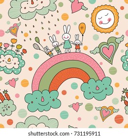 Cheerful rabbits walk over the rainbow. Seamless pattern can be used for wallpaper, pattern fills, web page background, postcards.