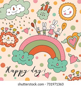 Cheerful rabbits walk over the rainbow. Cute postcard.