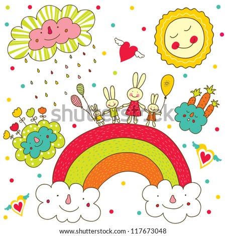 Cheerful rabbits walk over the rainbow. Seamless pattern can be used for wallpaper, pattern fills, web page background, postcards.