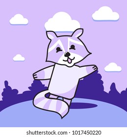 Cheerful raccoon dances on the lawn