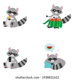 Cheerful raccoon  striped. Set of children's illustrations. Coon mammal pretty .