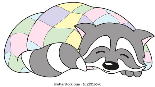 Cheerful racoon sleeping in a blanket. Vector illustration