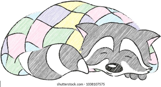 Cheerful racoon sleeping in a blanket. Vector crayon illustration