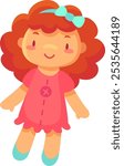 Cheerful rag doll with vibrant red curly hair, adorned with a turquoise bow, wearing a charming pink dress and light blue shoes, stands and smiles, creating a playful and innocent atmosphere