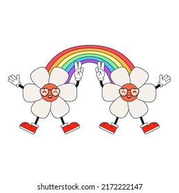 Cheerful Rainbow Character With Daisy Flowers. Funny LGBT Sticker.