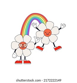 Cheerful Rainbow Character With Daisy Flowers. Funny LGBT Sticker.