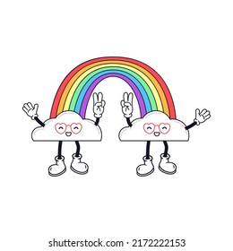 Cheerful rainbow character with daisy flowers. Funny LGBT sticker.