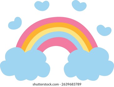 A cheerful rainbow with fluffy clouds, perfect for light-hearted, colorful designs, ideal for children’s content and weather-themed illustrations.

