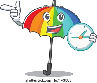Cheerful rainbow umbrella cartoon character style with clock
