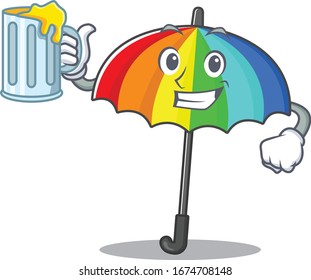 Cheerful rainbow umbrella mascot design with a glass of beer