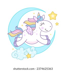 A cheerful rainbow unicorn jumps on the moon with stars. For children's design of prints, posters, cards, stickers, puzzles, football, cruds, etc. Vector illustration