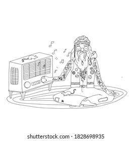 Cheerful raskaska with the hippie grandfather. grandfather in tattoos listens to the radio. radio receiver, rats, pets. The second man is doing yoga and listening to music. vector illustration drawn w