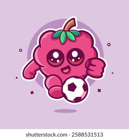 Cheerful raspberry fruit character mascot playing football isolated cartoon
