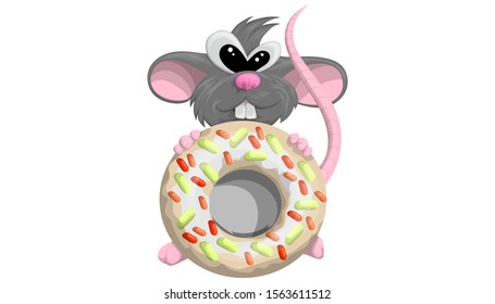 Cheerful rat stands in an embrace with a donut on a white background. Vector cartoon illustration of the symbol of 2020