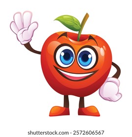 Cheerful red apple character waving hand. Vector cartoon illustration