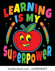 Uma maçã vermelha alegre sorri, ladeada por lápis. O texto do arco-íris proclama que Aprender é meu superpoder, um design backtoschool vibrante.