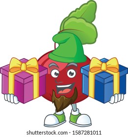 Cheerful red beet greens cartoon design with Christmas gift boxes