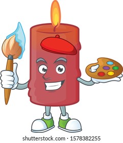 Cheerful red candle painter cartoon character with brush