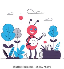 A cheerful red cartoon ant joyfully playing a banjo in a lush green forest. Ideal for children's books, websites, or any project needing a whimsical, 