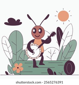 Cheerful red cartoon ant playing a banjo in a forest setting. Ideal for children's books, illustrations, website banners, or any project needing a