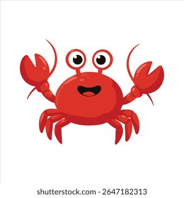 Um caranguejo vermelho animado com grandes olhos expressivos e um largo sorriso, levantando suas garras em uma pose feliz contra um fundo branco.

