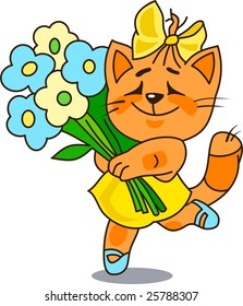 Cheerful red cat with a bunch of flowers
