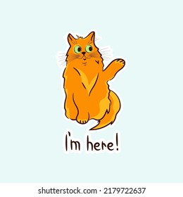 A cheerful red cat waves his paw.  Vector illustration in cartoon style. Sticker.